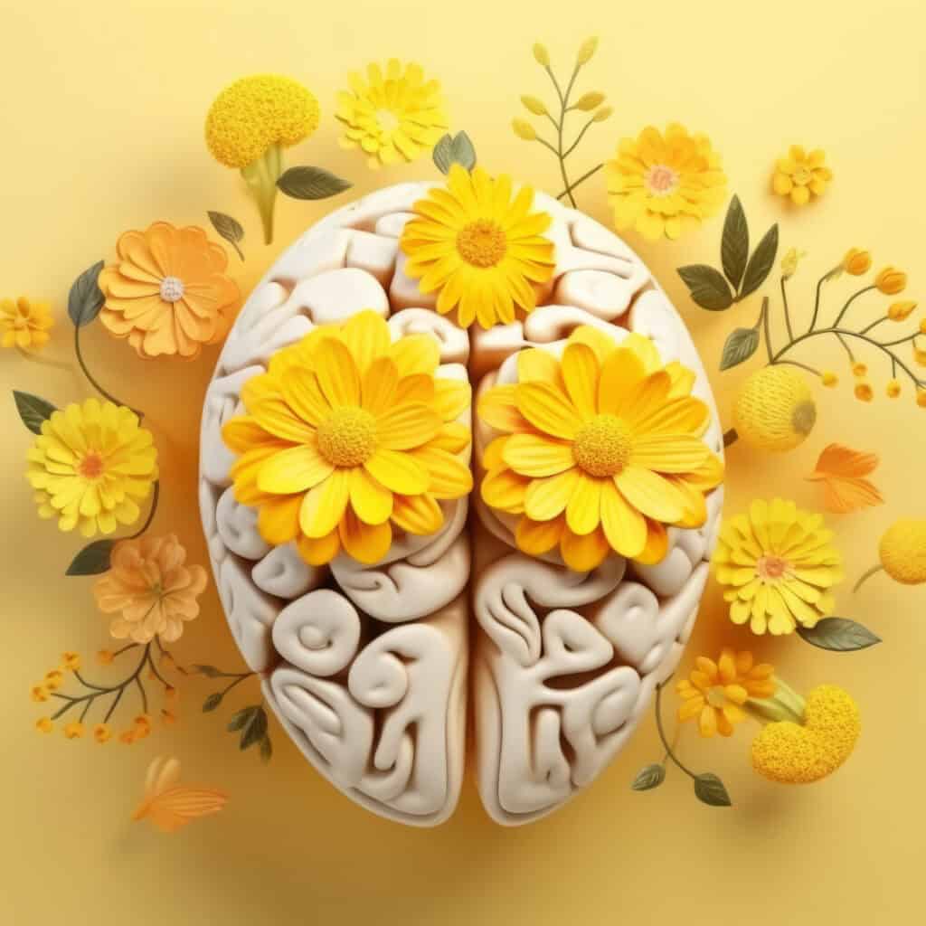 Brilliant Minds are bright and interesting. Yellow flowers in the top of a brain.