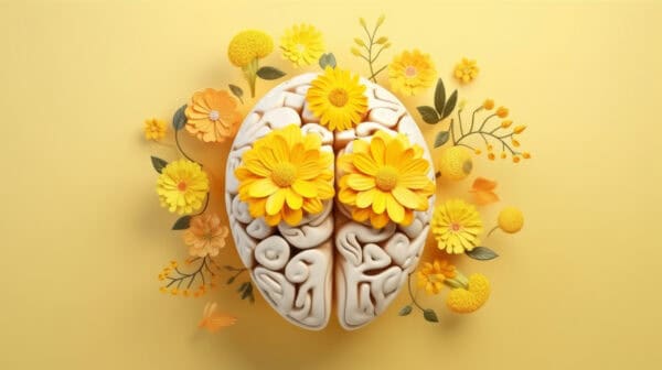 Minds need growth. In this picture, yellow flowers are growing from the mind as if to note creativity and organic bliss.